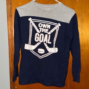 Boys Hockey “Own the Goal” long sleeve T shirt, Gray & Navy size Boys XL